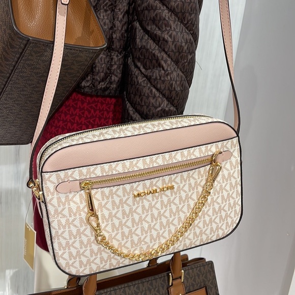 Michael Kors Jet Set Item Large East West Zip Chain Crossbody Optic White/Rsgld - Picture 3 of 16